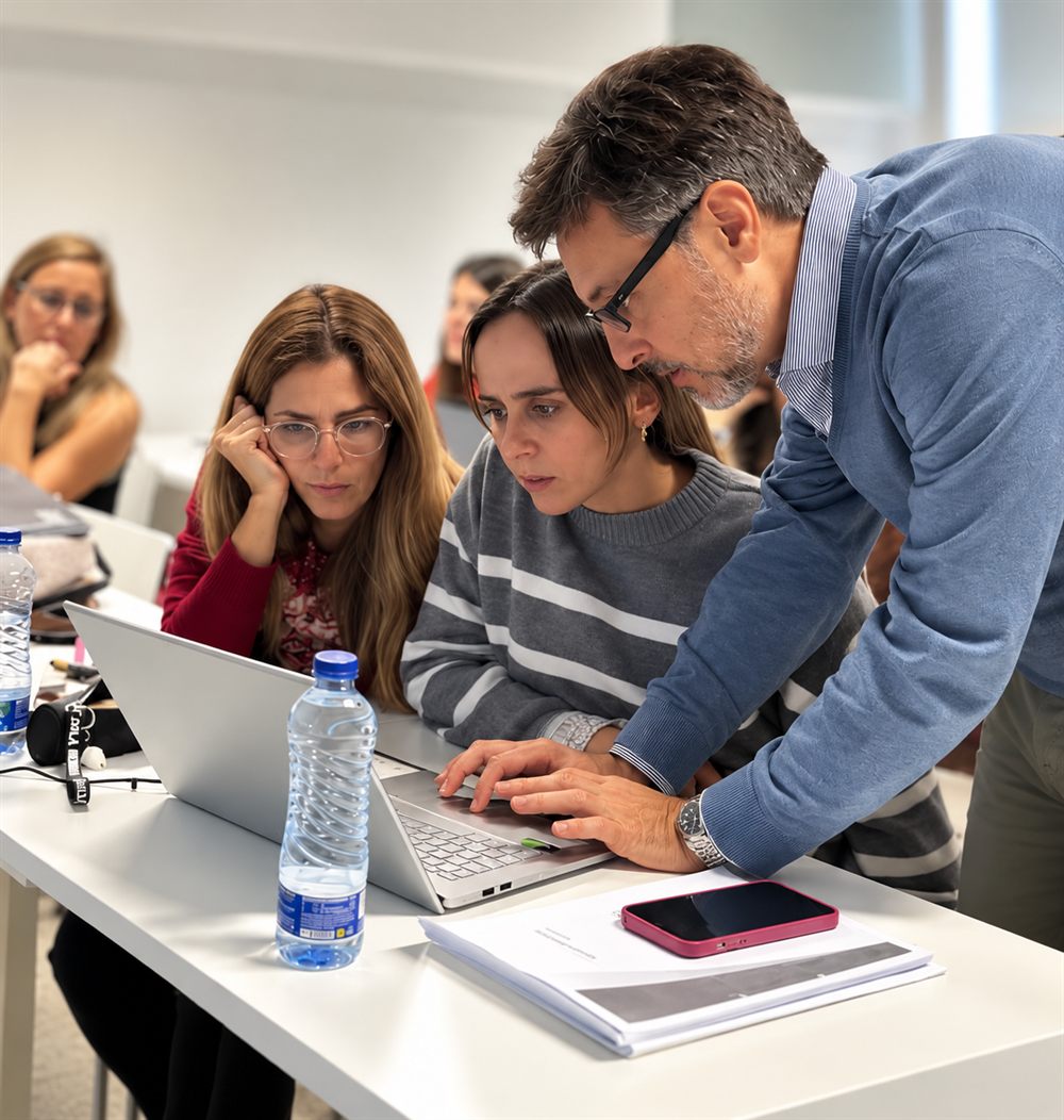 Docente de Orthoalign guiando a dos profesionales frente a un portátil durante una formación